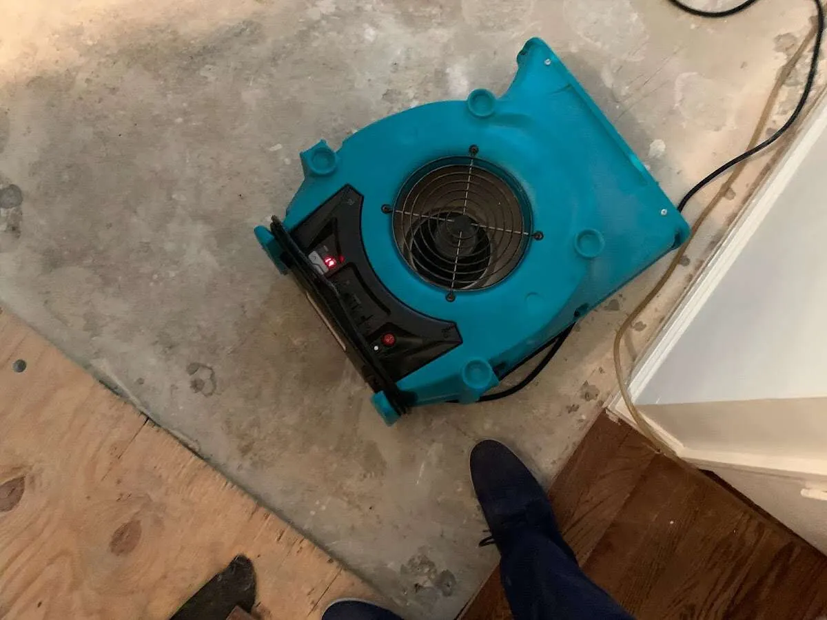 Air mover drying subfloor during Leak Detection & Repair in Phelps